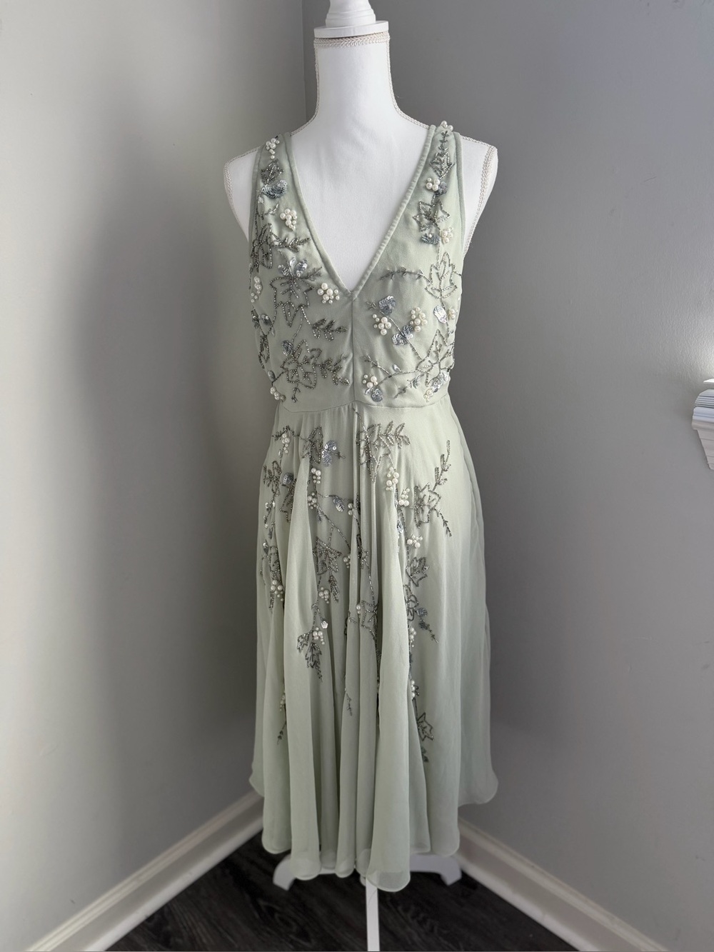 ASOS Sage Green Beaded V-Neck Dress